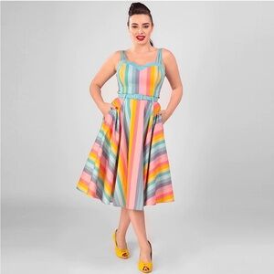 Collectif Rainbow Stripe Dress Fit Flare Vintage Strap 2XL